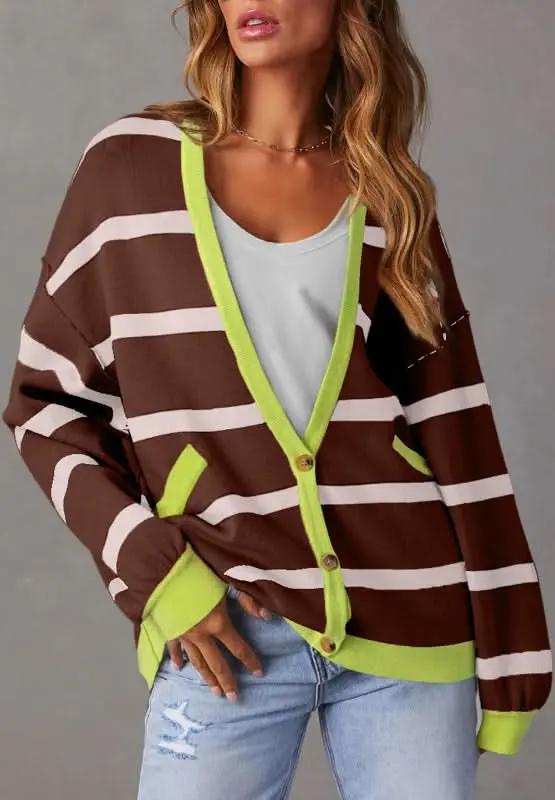 Contrast Stripes Button Down Long Sleeve Cardigan - Love Salve